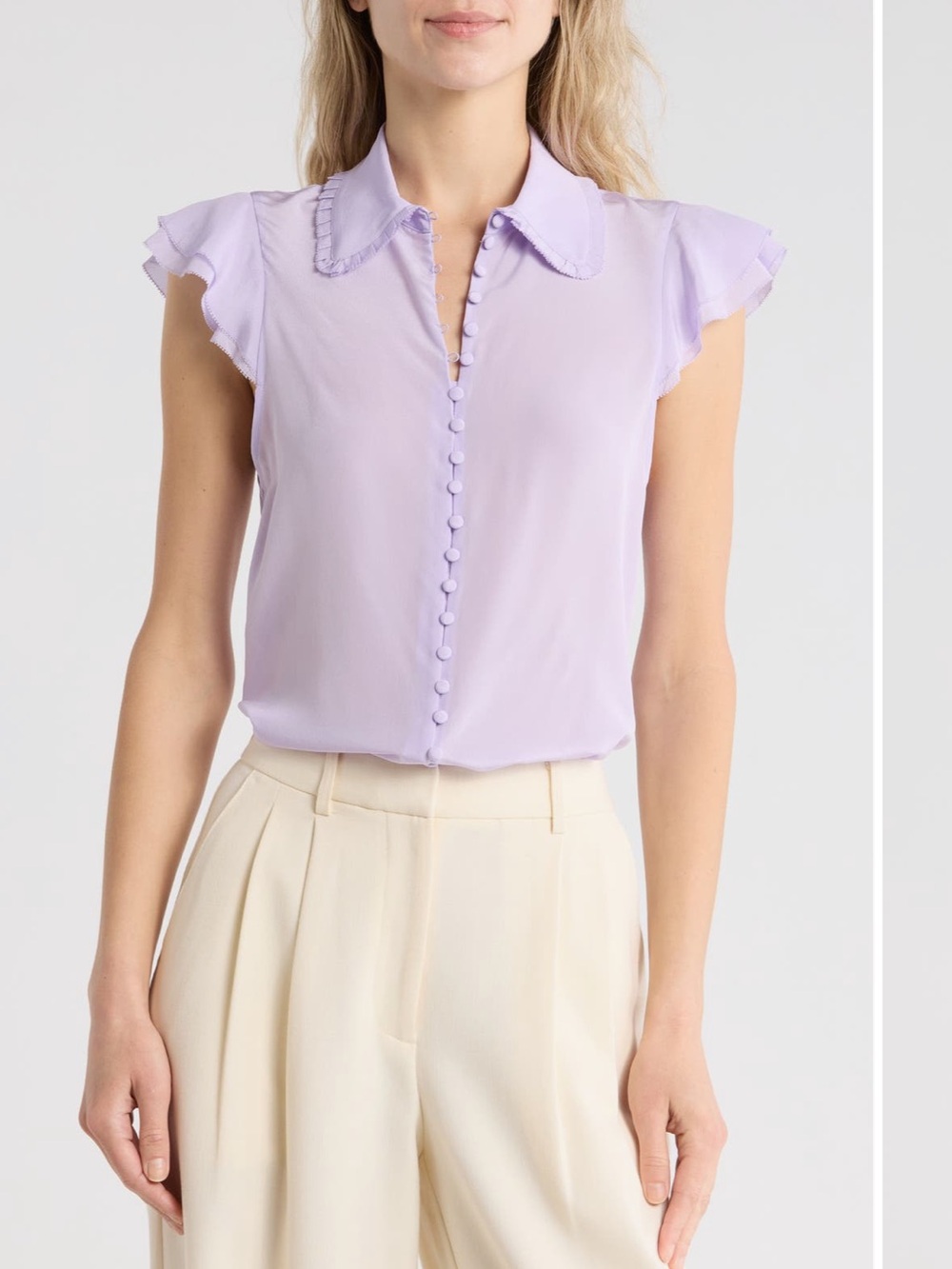 🦋. NWT Alice + Olivia Lilac Ruffle Sleeve Button-Front silk blouse S